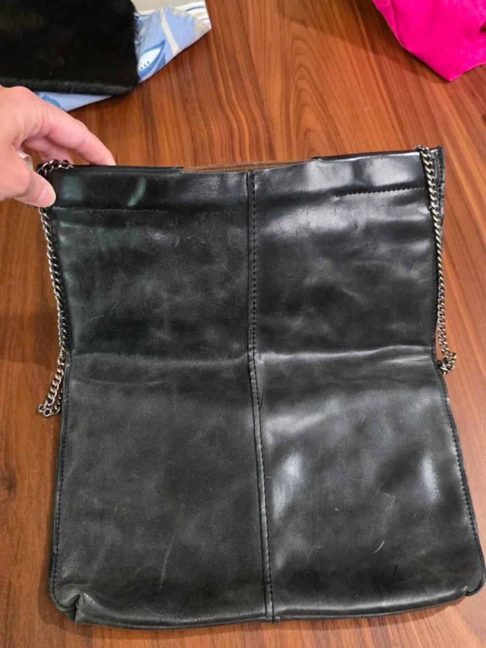 Large Jo handbags black leather tote, fold over with chain/leather strap